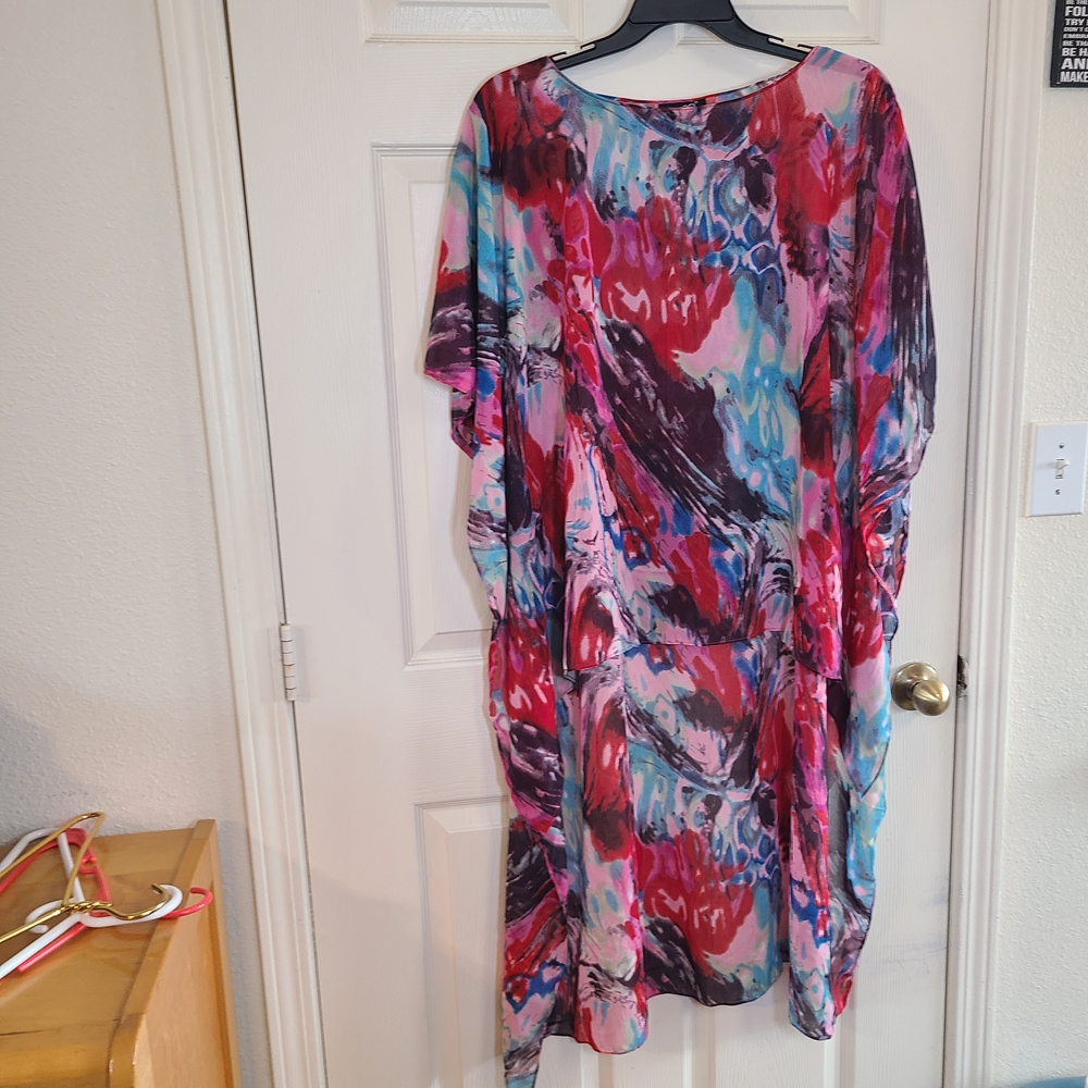 Ashro Multicolor Abstract Flowing Swim Coverup in Red, Pink, Blue